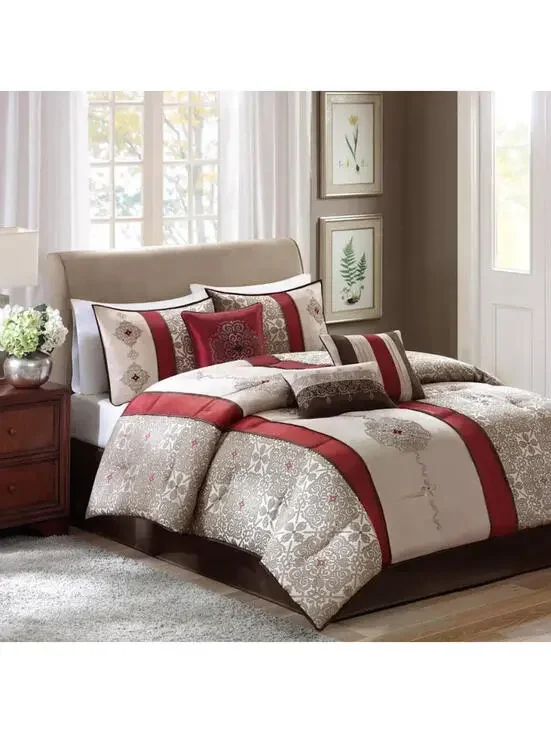 Madison Park Comforter Full/Queen Polyester Red Brown Cream With Pillow Bedding
