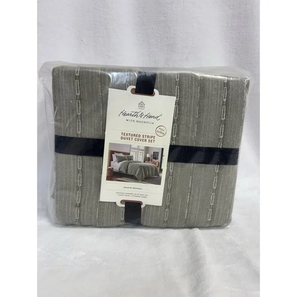 Hearth & Hand 3pc Full/Queen Washed Loop Stripe Duvet Bedding Set - Sage Green