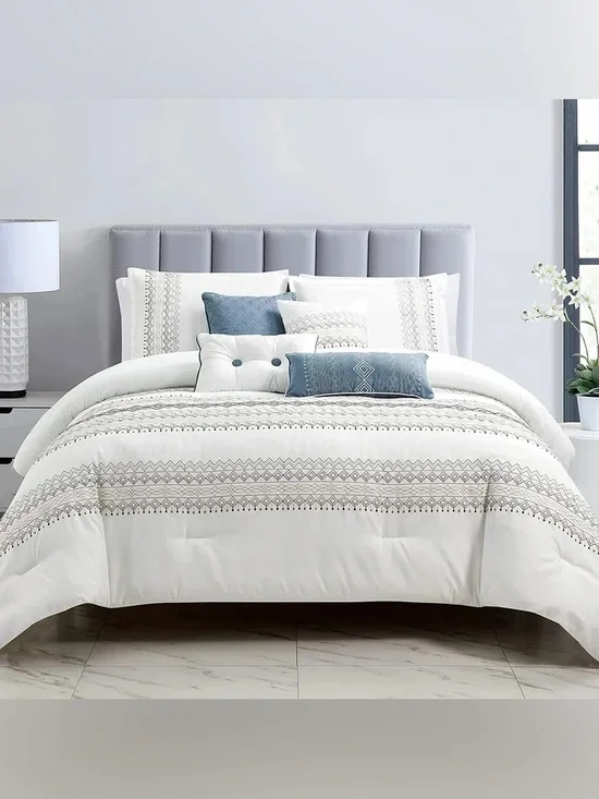 Embroidered Geo Pattern White and Blue 7 piece queen Comforter Set