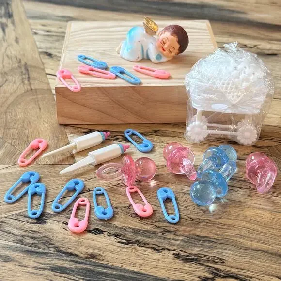 Vtg 1985 Wilton Baby Angel Cake Topper 60847 & Plastic Shower Favors Decor Lot