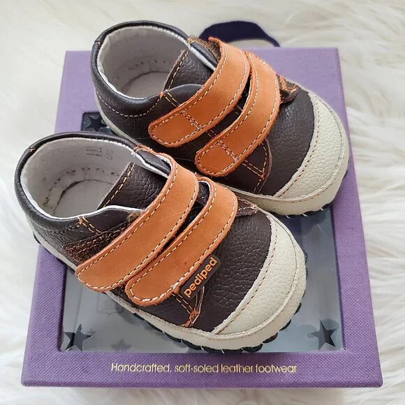Pediped Brown Leather Soft Sole Velcro Handcrafted Shoes SZ 0-6M