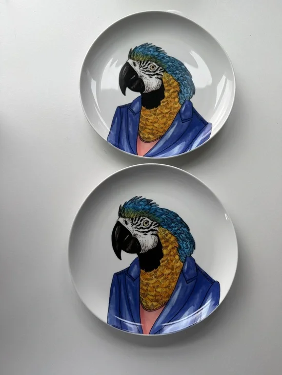 West Elm Rachel Kozlowski Dapper Animals Macaw Plates Set of 2 Rare Find