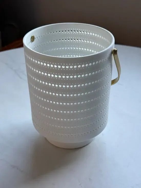 West Elm White Porcelain Pierced Hurricane Candle Holder Lantern Gold Handle