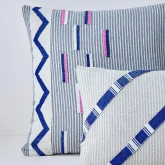 West Elm Roar + Rabbit Hand Beaded Pillow Covers Blue White Pink 17x17 Accent
