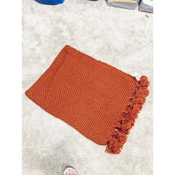 West Elm Textured Woven Throw Blanket Rust Orange Fringe Tassel Boho Modern‎