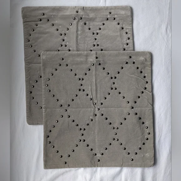 West Elm Diamond Silver Studs Grey Velveteen Pillow Covers - 2
