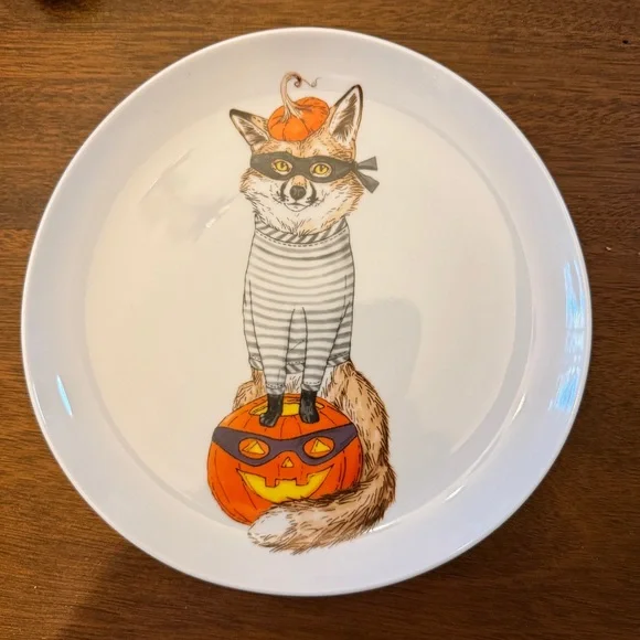 West Elm Dapper Animals Halloween White Salad Plate with Fox and Pumpkin Design