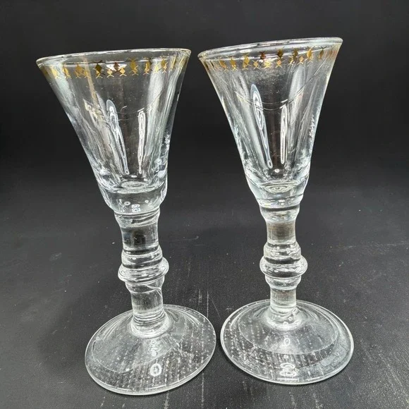 West Elm Gold‎ Cordial Glasses Set of 2 Clear Glass Stemmed Barware Cups Glasses
