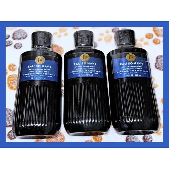 Bath & Body Works Eau So Navy Men's 3-in-1 Hair Face Body Wash Shower Gel x3