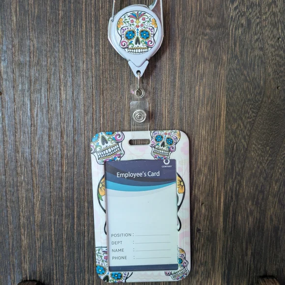 Sugar Skull Badge Holder with Retractable Reel - White