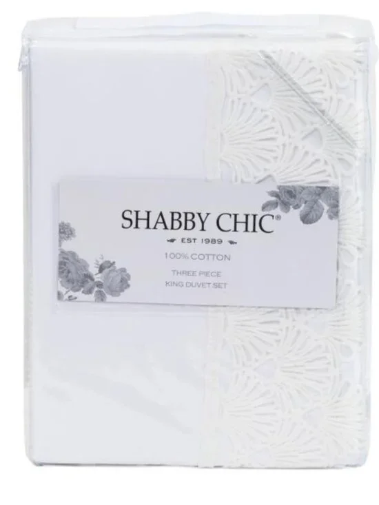 Shabby Chic White Cotton Duvet Set with Lace Trim