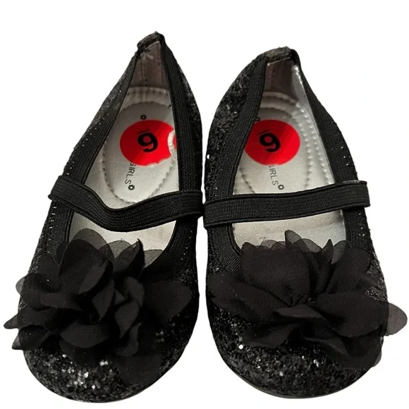 Rampage Girls Shoes Black Mary Jane Sequined with Petals Design Size 6 NWOT
