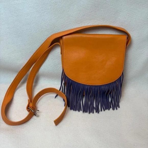 Vintage Boho Orange Leather Purple Fringe Crossbody Bag Village Tannery NYC