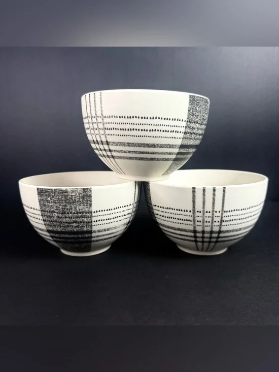 Set Of 3 Retired West Elm Black Original Plaid Cereal Bowls Stoneware