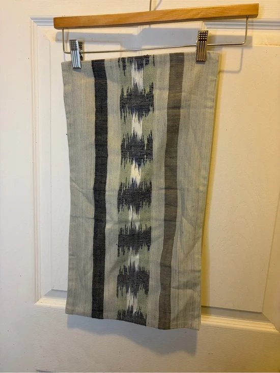 West Elm Striped Ikat Silk/ Cotton Pillow Cover in Light Gray, Navy and Olive
