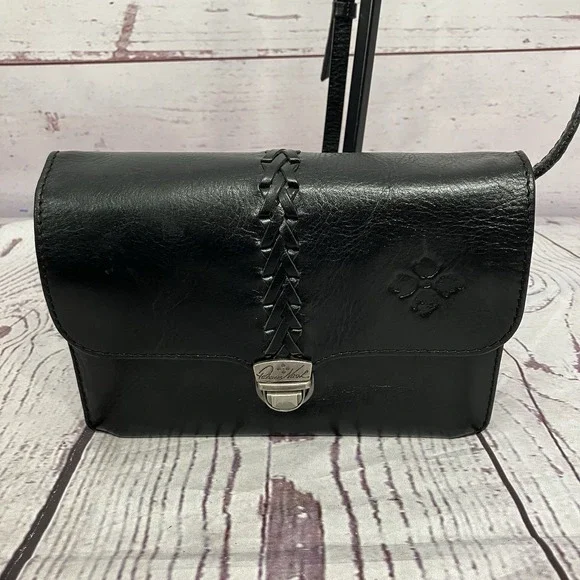 Patricia Nash Black Leather Crossbody Bag Woven Strap Flap Purse Boho