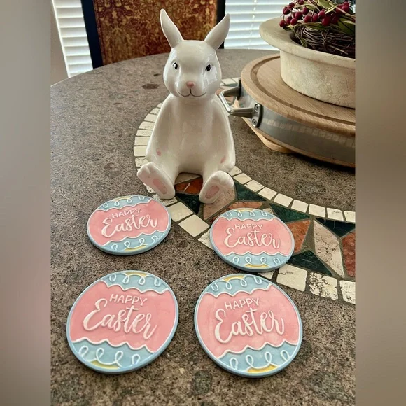 Grandmacore Happy Easter Pink & Blue Ceramic  Coasters - + Ceramic Bunny Cottage