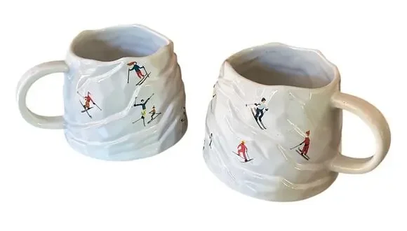 Set Pair 2 West Elm St. Jude Holiday Skiers Stoneware Figural Mug Ceramic Cups