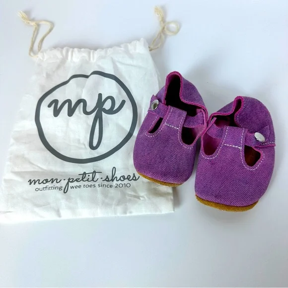 Pink Purple Denim Mon Petit Shoes Sz 5 Handmade Leather Baby Toddler MPs T-Strap