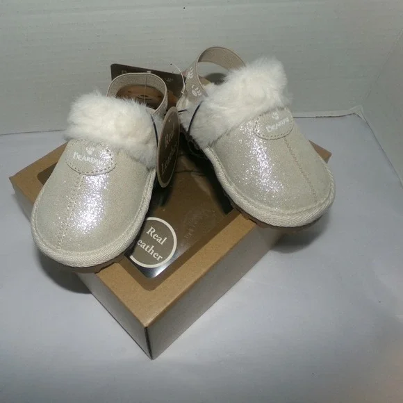 Bearpaw Baby Girls Glitter Leather Slippers Faux Fur Elastic Strap Silver Size 4