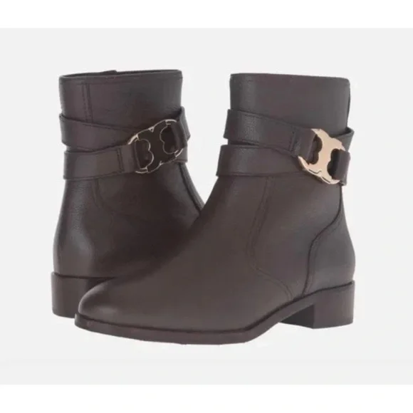 Tori Burch Gemini Link Chocolate Brown Leather Ankle Boots, 1.25” Heel, 6.5 M
