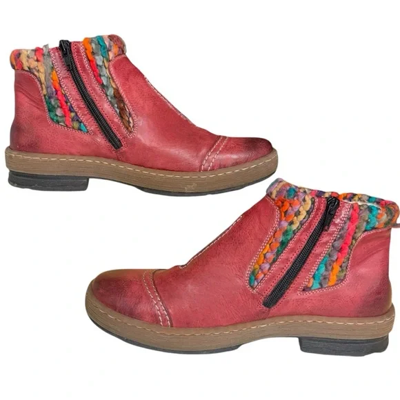 Rieker Felicitas Wine Red Wool Lined Ankle Boots Multicolor Knit EU 41