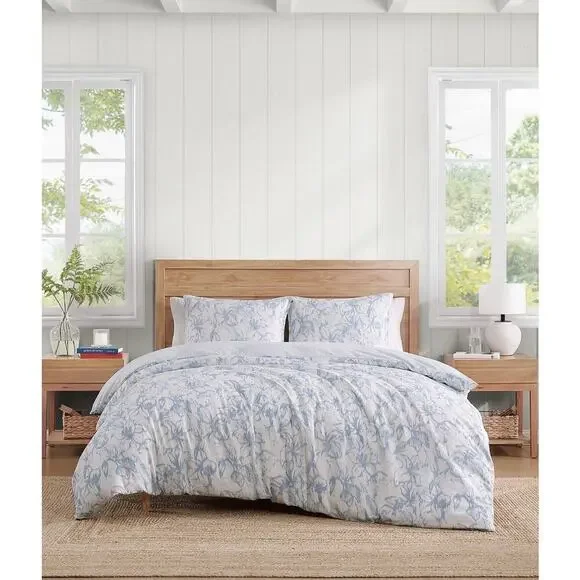 Tommy Hilfiger Full Queen Duvet Set Blue Floral 100% Cotton Slub NEW