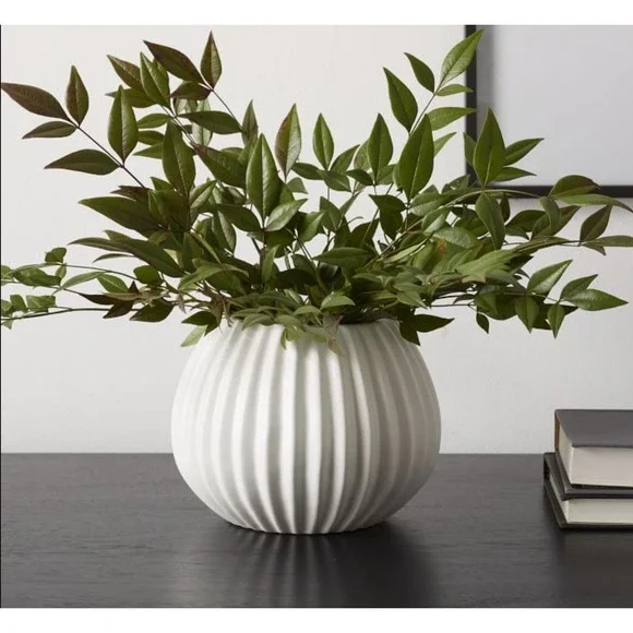 West Elm Planter Vase Textured Fluted Round Stoneware White Glaze Retired 5.5