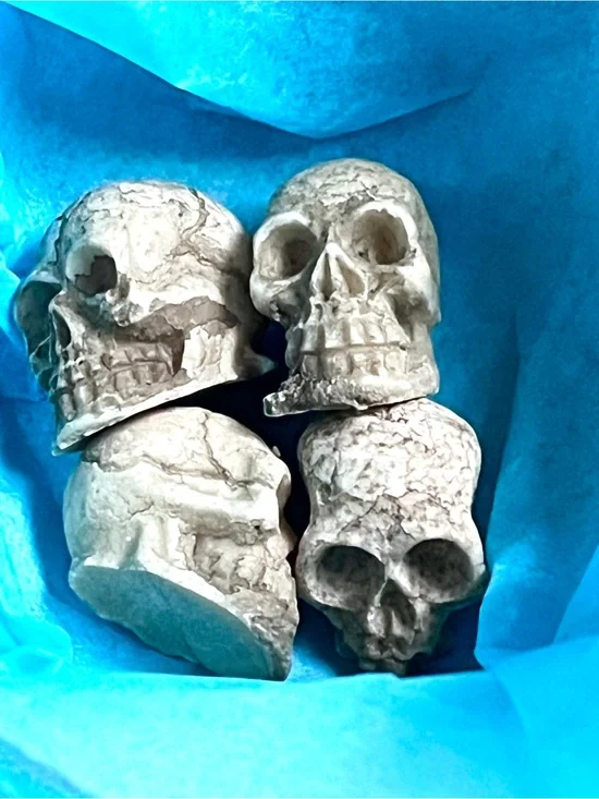 Set of 4 Decorative Clay Skull Accents in Beige- Mini, New, Fun!