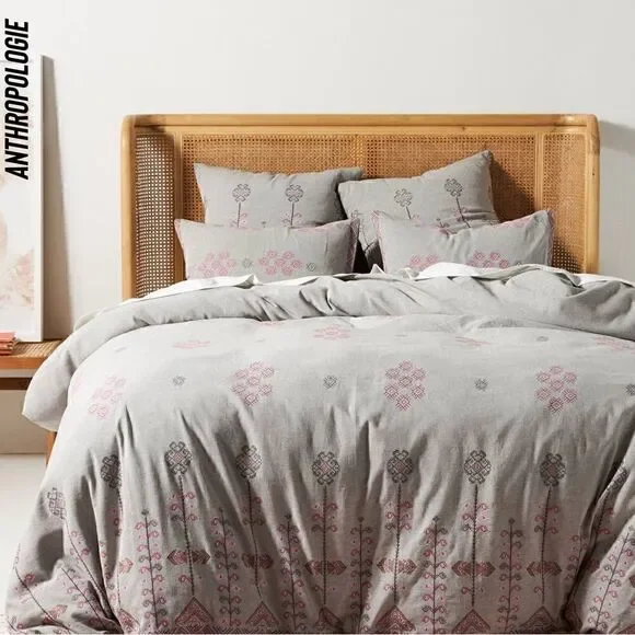 ANTHROPOLOGIE NATANI EMBROIDERED DUVET COVER IN LIGHT GREY NEW QUEEN