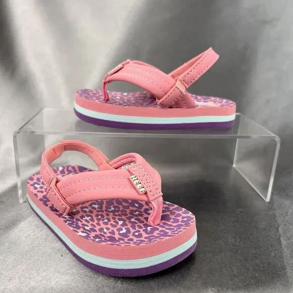 REEF Lil‎ Ahi Toddler's 5 Slingback Sandals Pink Cheetah Summer Flip Flops Beach