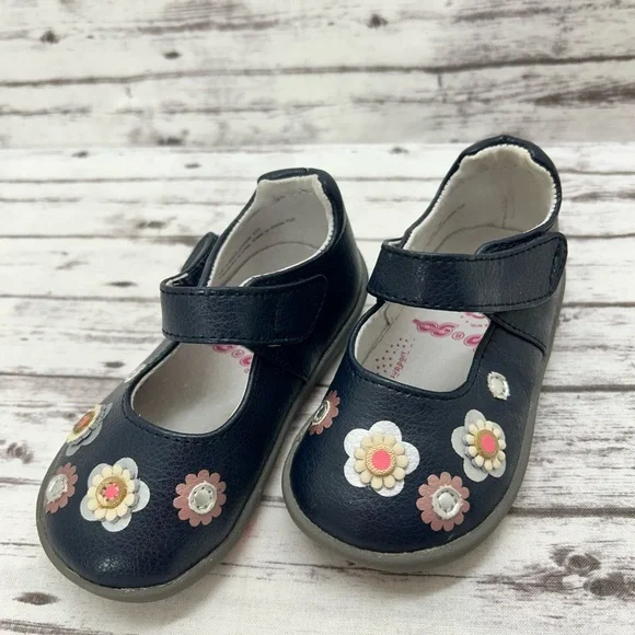 Pediped Floral Kids Shoes Navy and Pink Baby Size 5.5 Heel Cushion Comfort