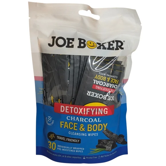 Joe Boxer Detoxifying Charcoal Face & Body Cleansing Wipes Travel Body Wash 30ct