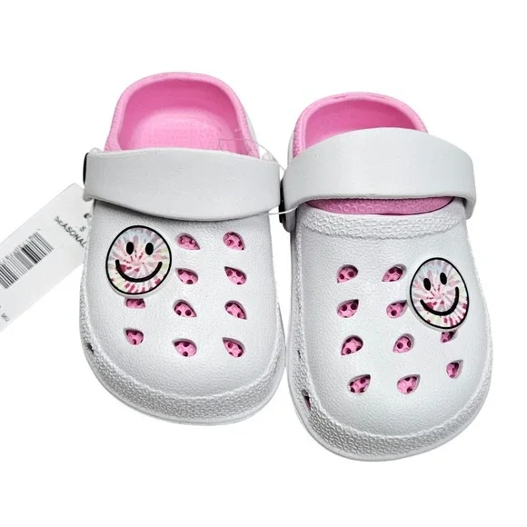 Seasonal Clogs Toddler Size 6 White Pink Smiley Face Charm Slip On Summer Shoes
