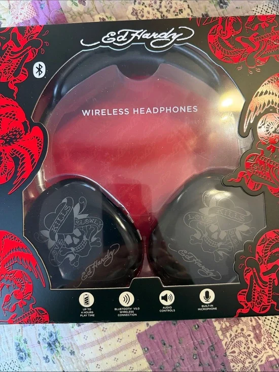 Ed Hardy Black and Red Wireless Headphones