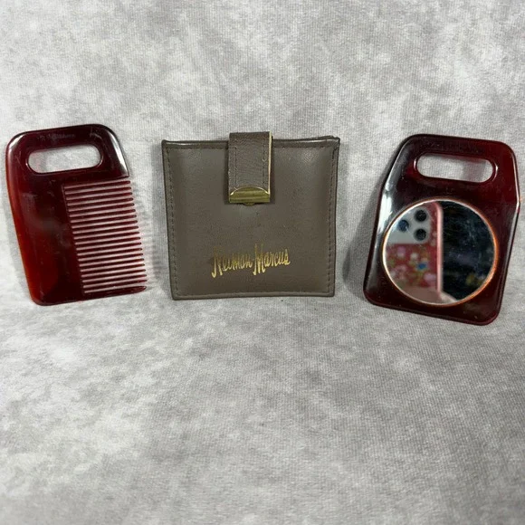 Vtg Neiman Marcus Faux Tortoise Comb & Mirror Travel Set Brown Leather Pouch MCM
