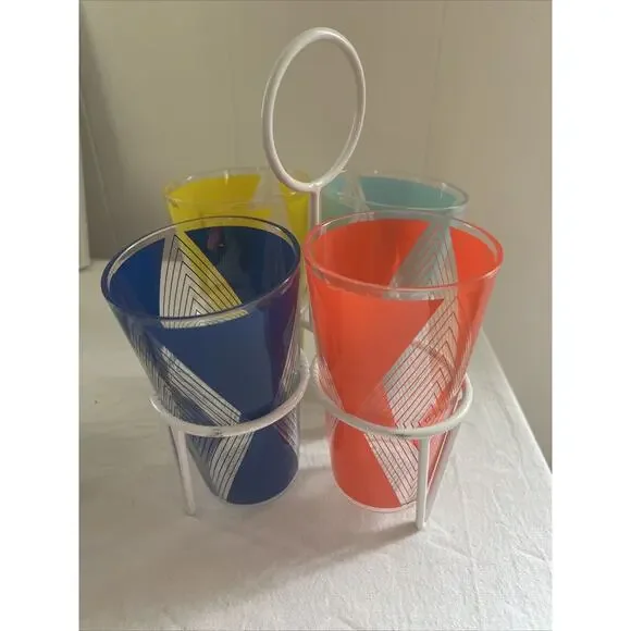 New West Elm Drink Caddy Set With 4 Cups - Blue, Yellow, Blue & Pink
