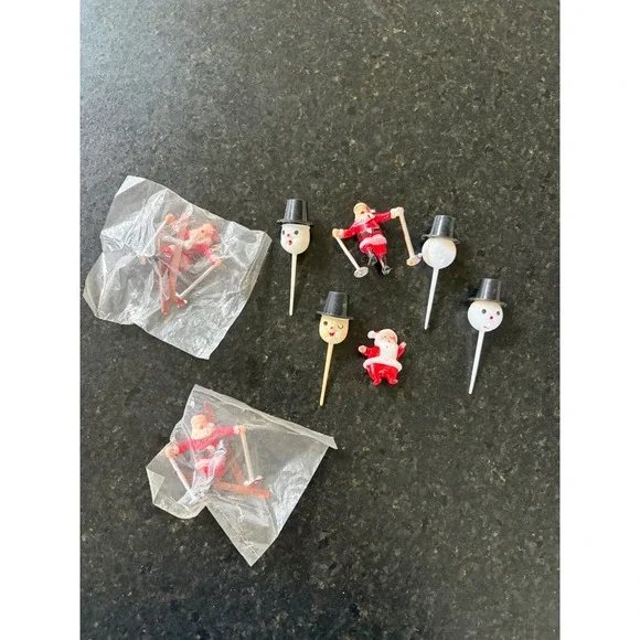 Vintage Christmas Cake Toppers Skiing Santa Snowman Picks Holiday Decor Lot 8pc