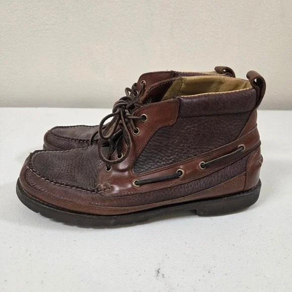 LL Bean Mens Brown Leather Chukka Boat Boots Moc Toe Lug Sole Size 11 D 214479