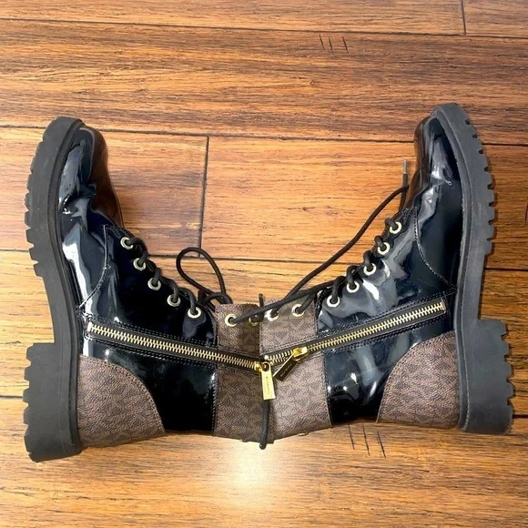 combat boots lace up monogram boots Michael Kors boots chunky boot Glossy black