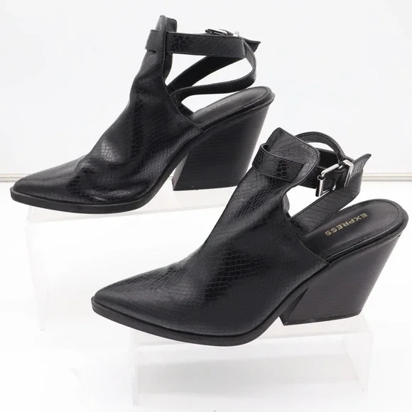 Express Black Snakeskin Embossed Cutout Block Heel Booties Pointed Toe Size 9