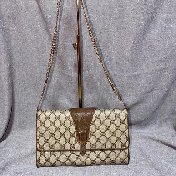 Gucci Beige GG Supreme Crossbody with Brown Leather Trim and Gold Chain