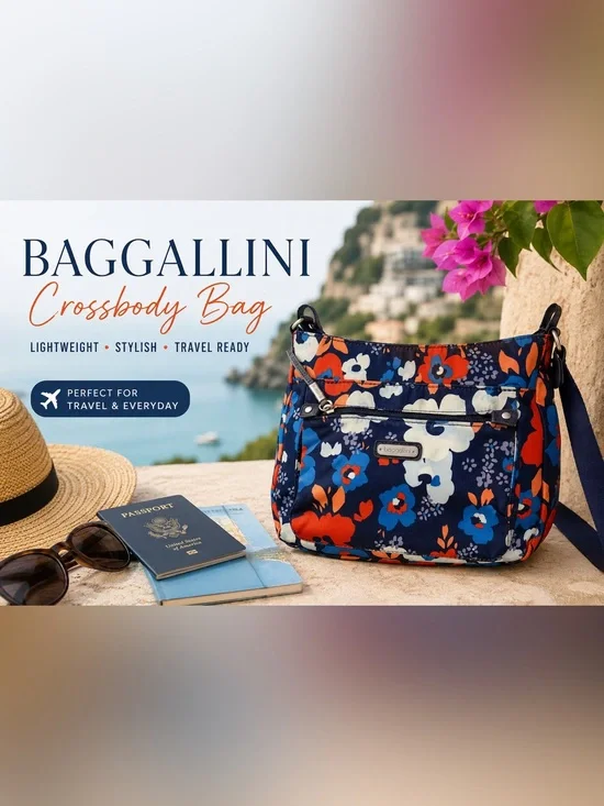 Baggallini Floral Crossbody Bag Navy Blue Orange Large Lightweight Travel Purse