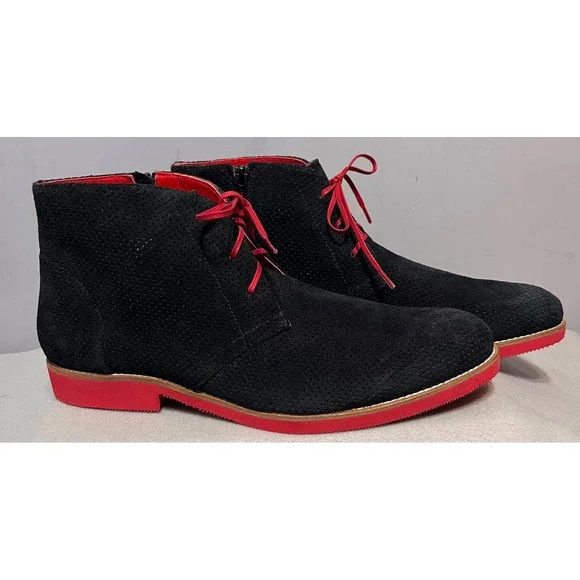 Girotti Mens Black Perforated Suede Red Sole Chukka Boots Side Zip Size READ