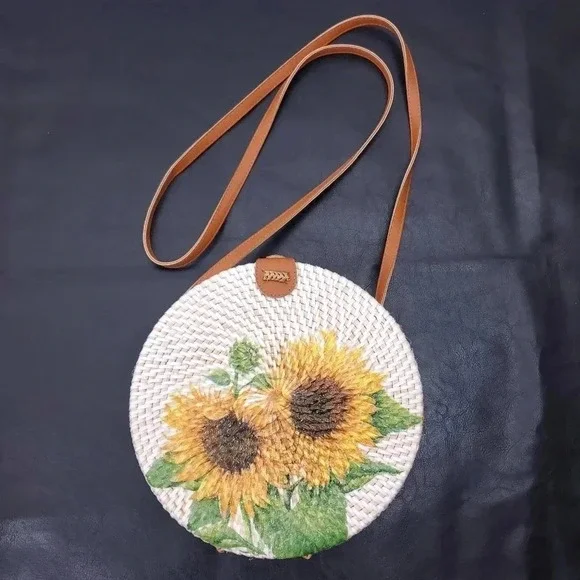 Sunflower 100% Rattan Round Crossbody Bag