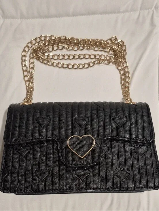 Quilted Heart Crossbody Bag with Gold Chain - Black