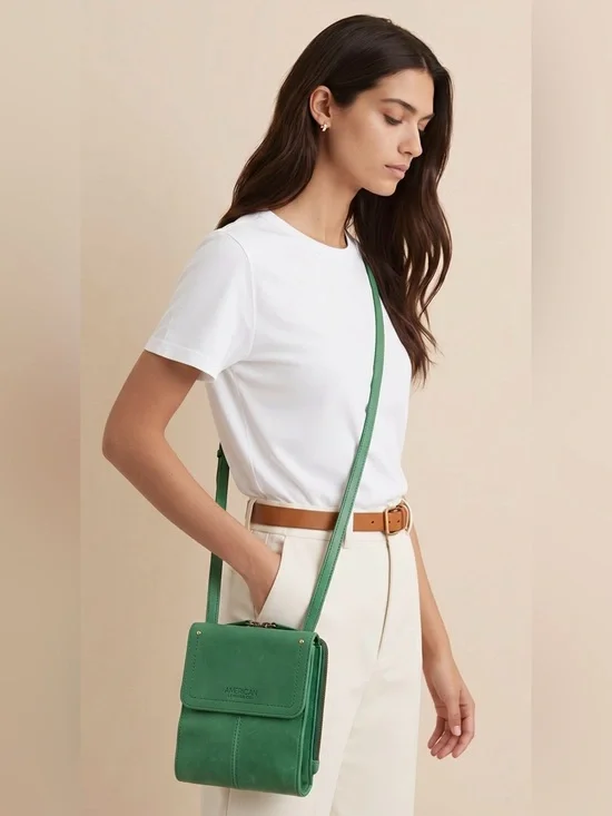 American Leather Co. Kansas Crossbody Calf Leather Vibrant Green EUC