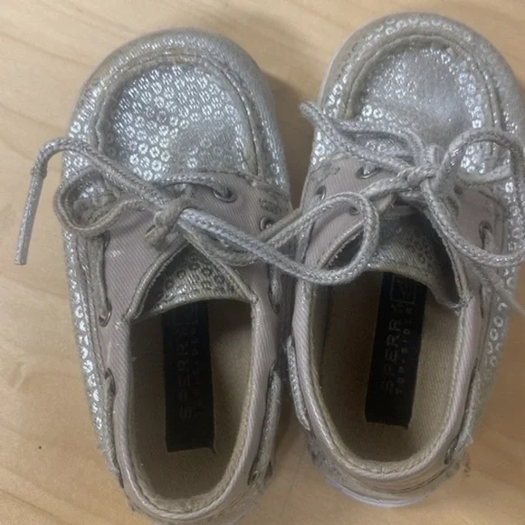 Sperry Topsider Silver Sparkle Sequin Lace Up Bahama Crib Jr Boat‎ Shoes Baby 4M