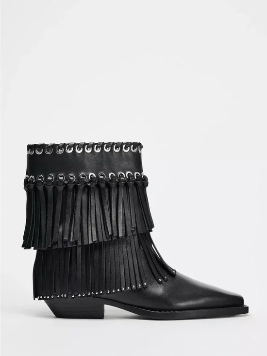 Zara Black Leather Fringe Ankle Boots with Eyelet Trim