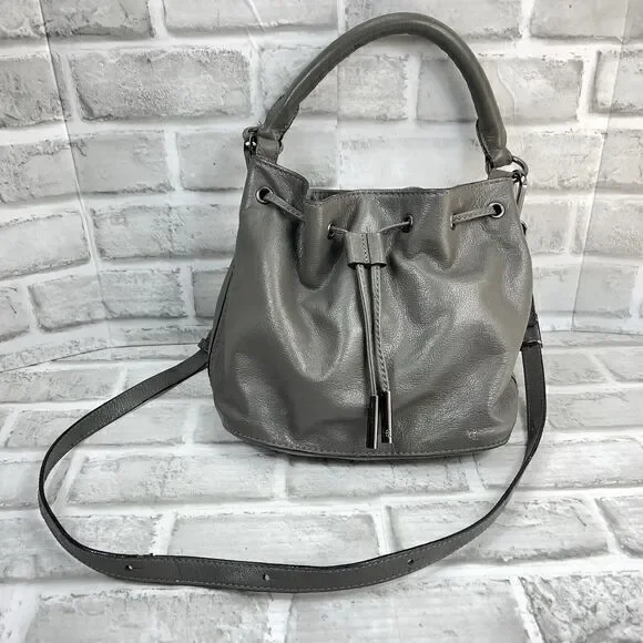 Elliott Luca Women's Gray Leather Drawstring Bucket Crossbody Bag Purse